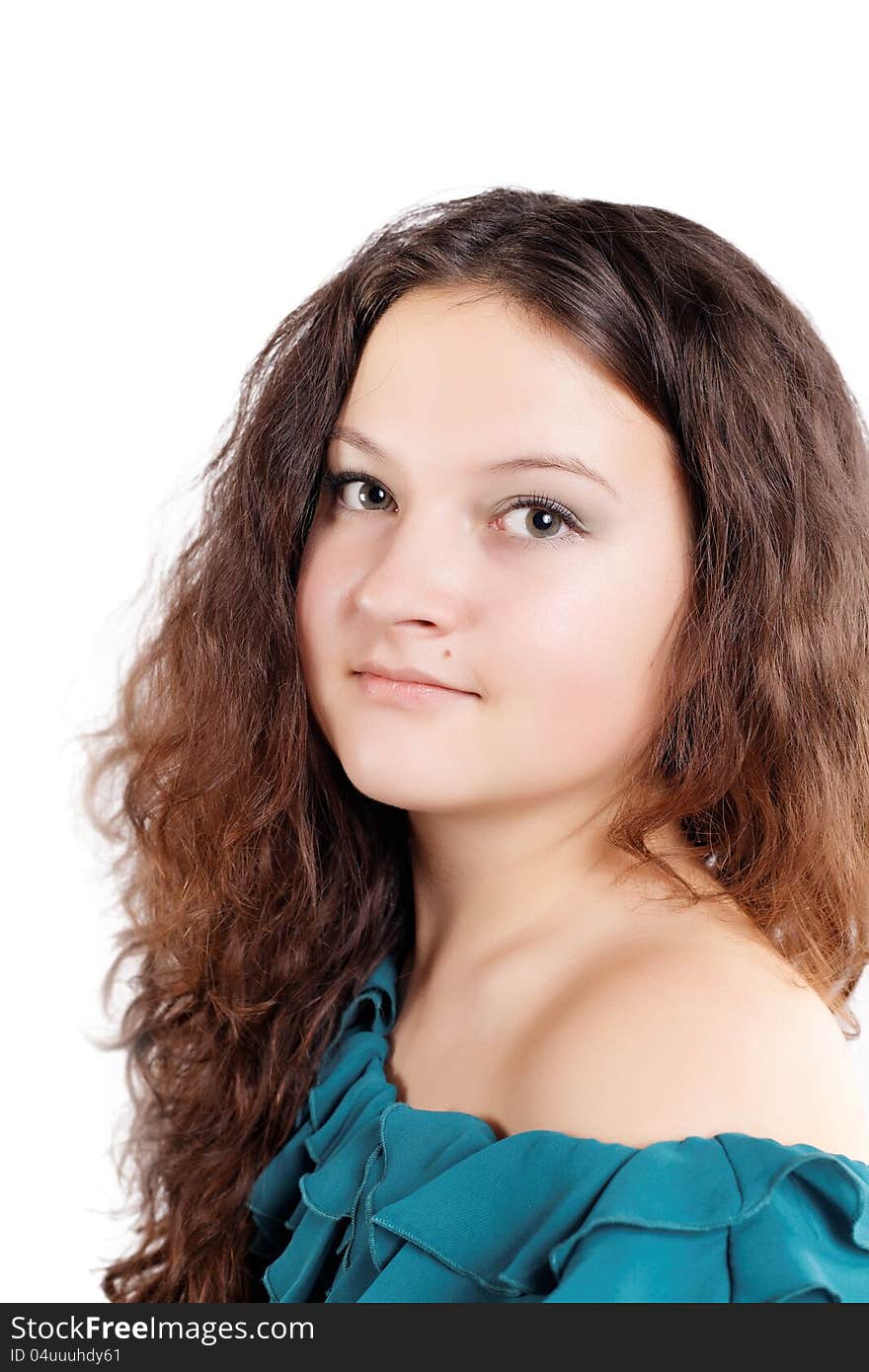 Portrait of a pretty brunette  on an isolated white background