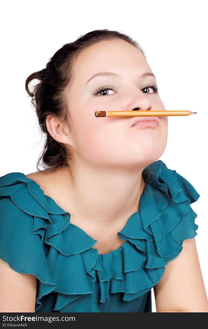 Pretty schoolgirl indulges in an isolated white background