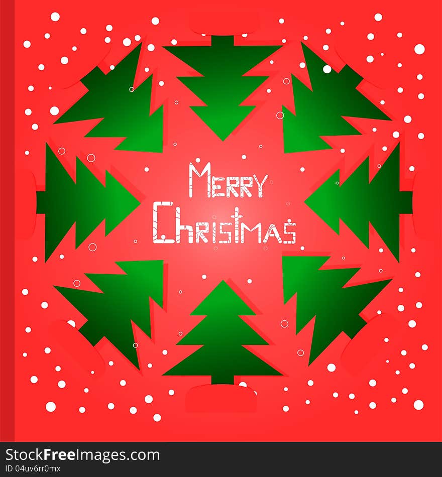 Christmas card. Trees are located round an inscription of Merry Christmas on a red background with snow balls. Christmas card. Trees are located round an inscription of Merry Christmas on a red background with snow balls.