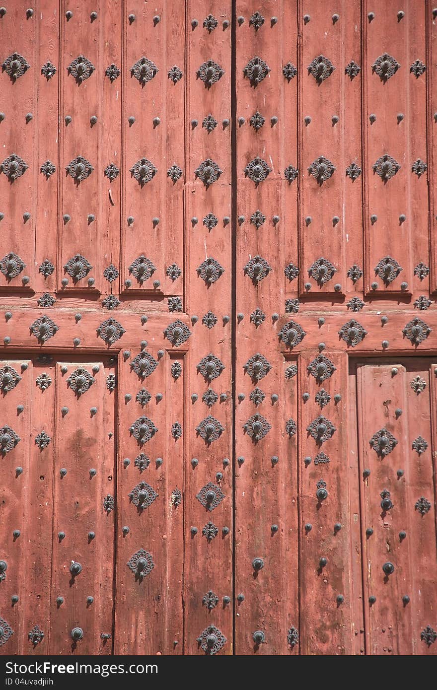 Detail Of Red Ancient Wood Door