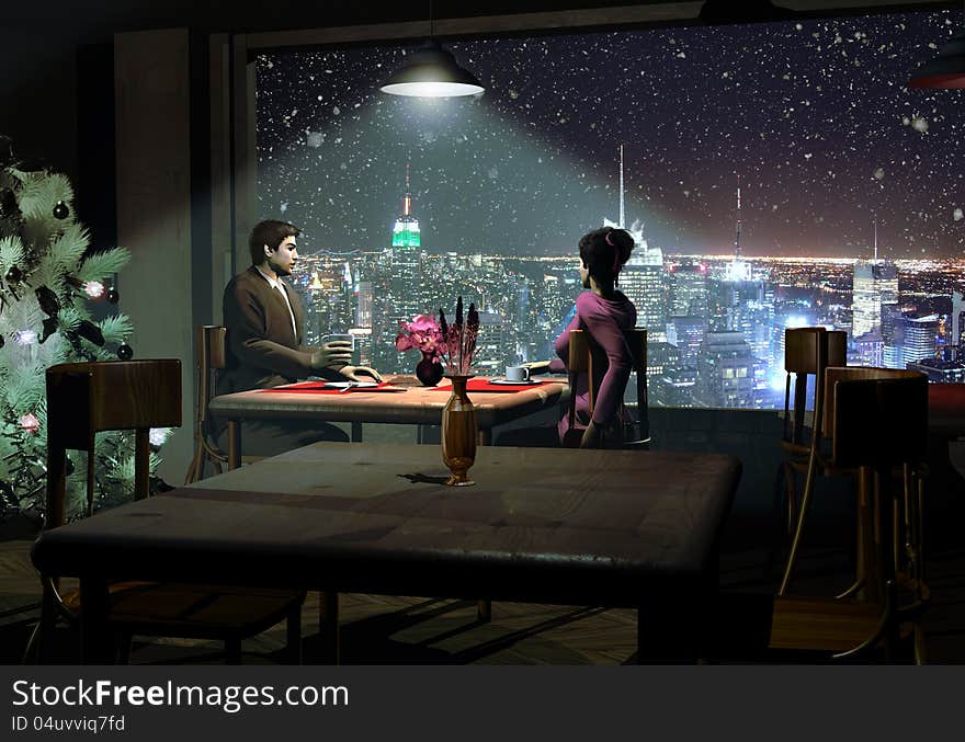 At Christmas season, couple sat at a table, in a cofee-bar in a high floor of a building in Manhattan, looking at the snow falling on the city at night. At Christmas season, couple sat at a table, in a cofee-bar in a high floor of a building in Manhattan, looking at the snow falling on the city at night.