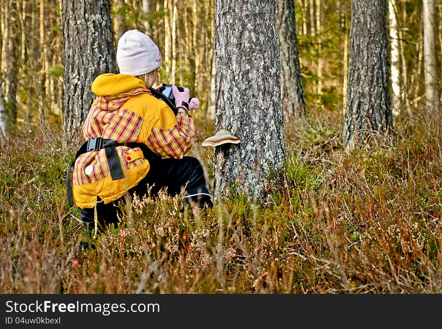 Girl with camera taking photo of a phellinus pini