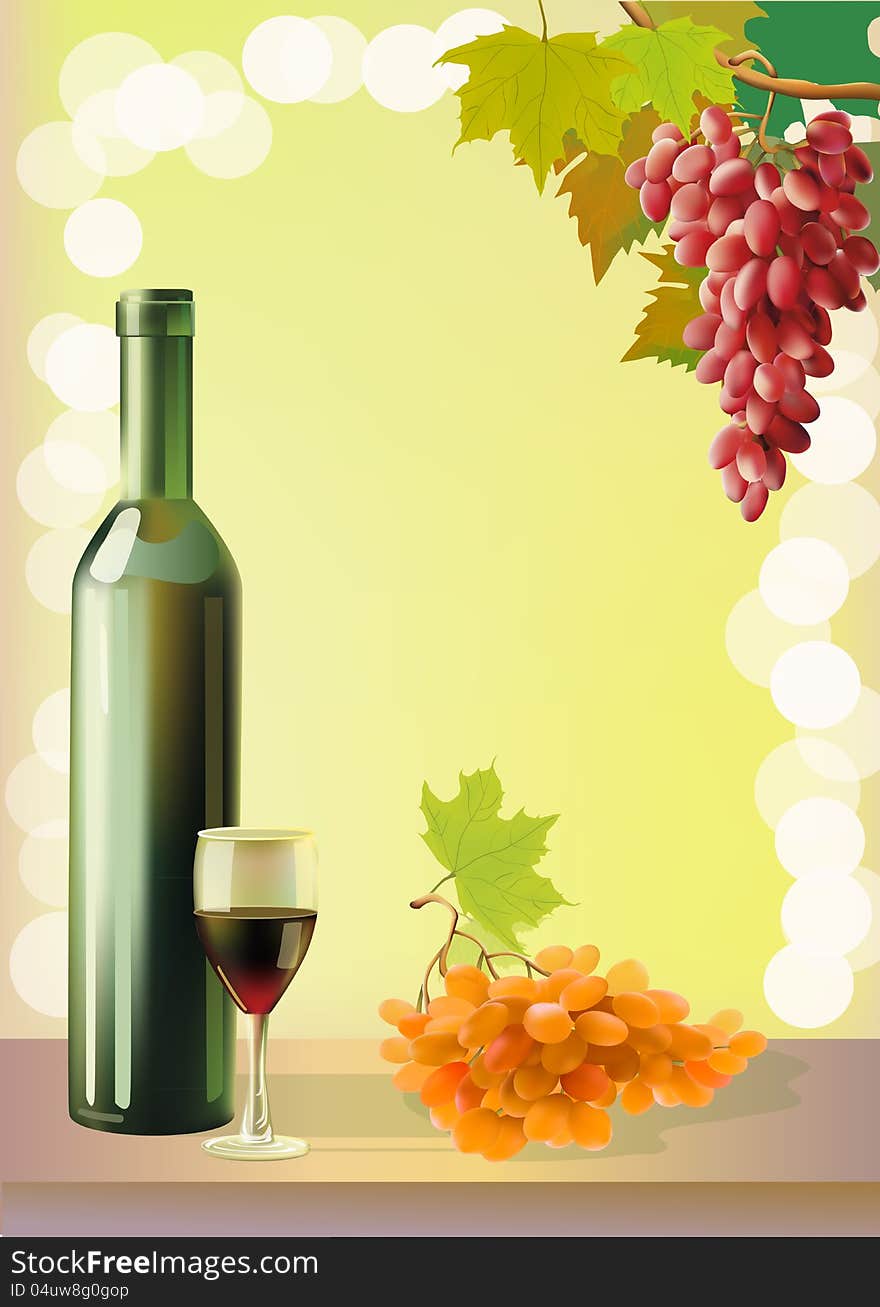 Autumn nature rich foods. Ripe grapes, wine glass and bottle. Autumn nature rich foods. Ripe grapes, wine glass and bottle.