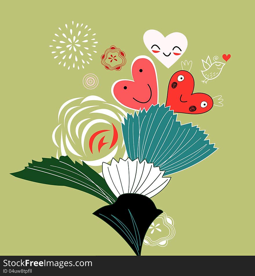 Card with plants and hearts on a green background with a bird. Card with plants and hearts on a green background with a bird