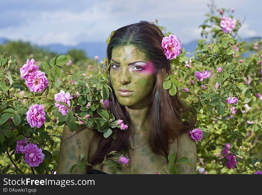 Beautiful girl standing in rose field. Beautiful girl standing in rose field