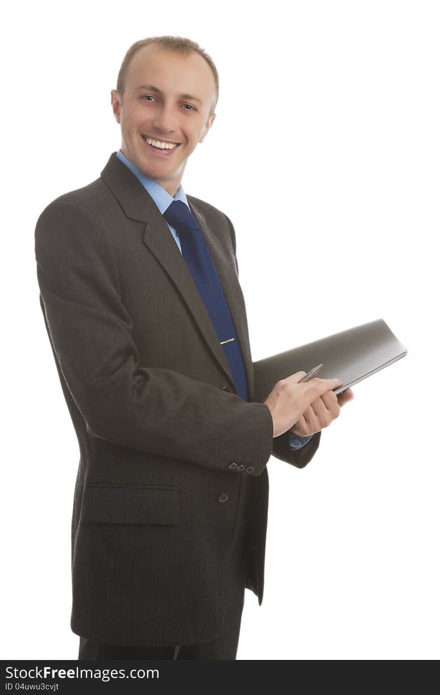 Portrait of a smiling caucasian blond business man with folder against white. Portrait of a smiling caucasian blond business man with folder against white