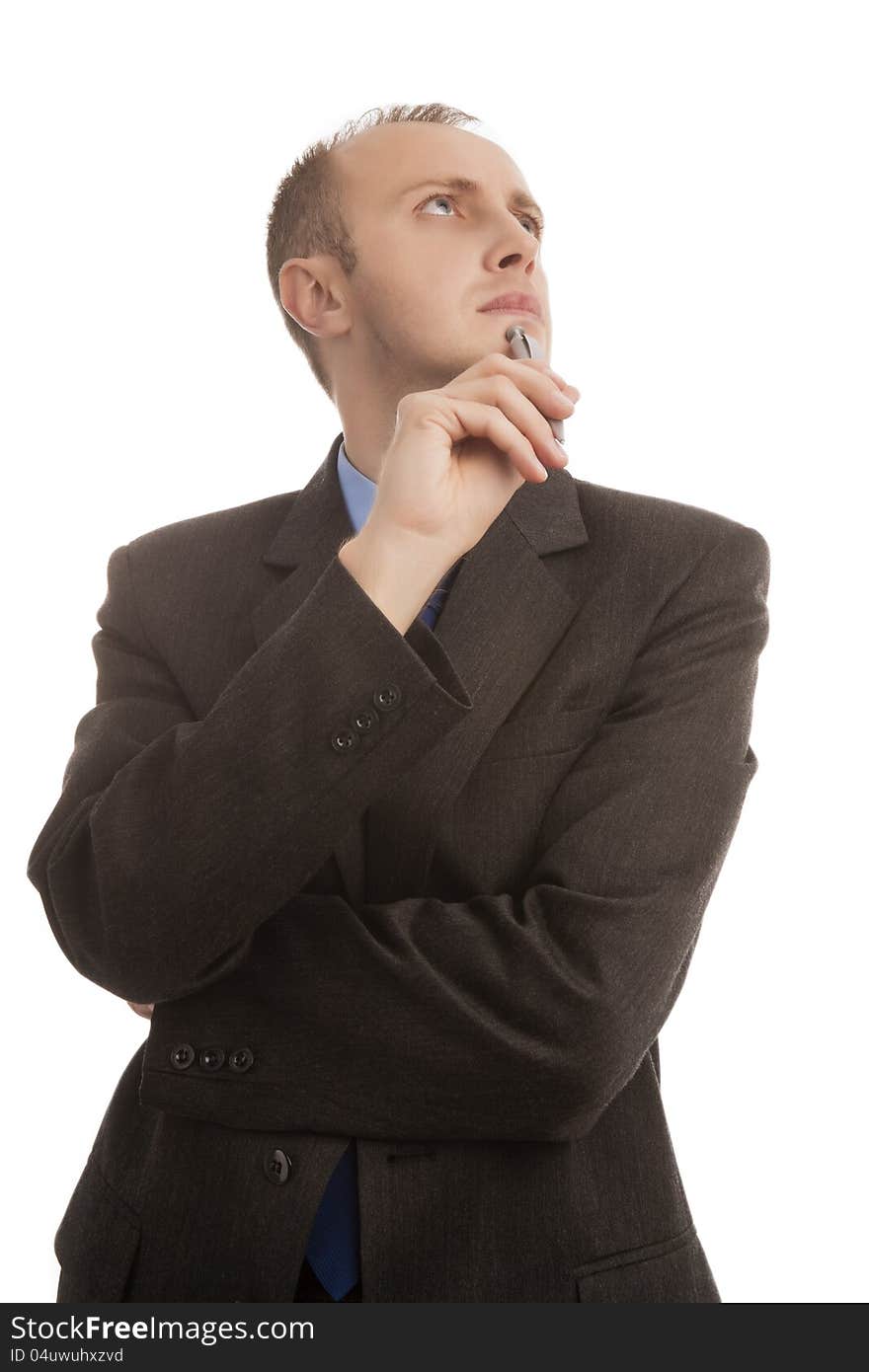 Portrait of a thinking business man looking up isolated over white. Portrait of a thinking business man looking up isolated over white