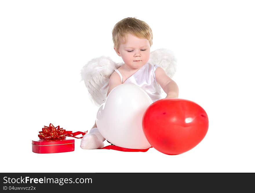 Boy Dressed As Angel With White And Red Balloons