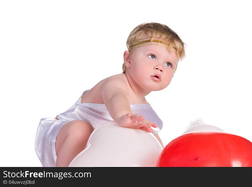 Boy Dressed As Angel With White And Red Balloons