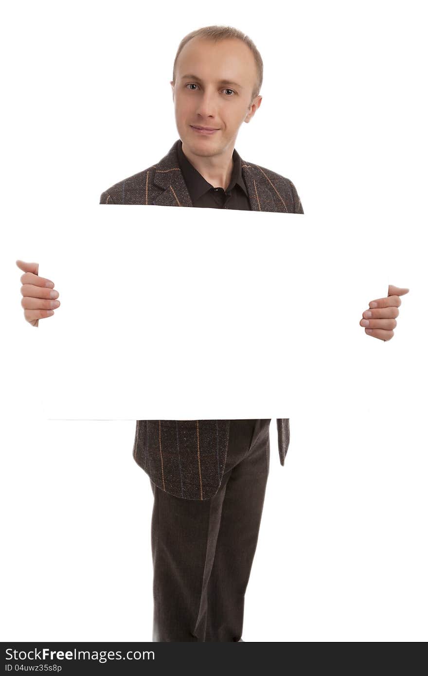 Portrait of a male with a white card isolated. Portrait of a male with a white card isolated