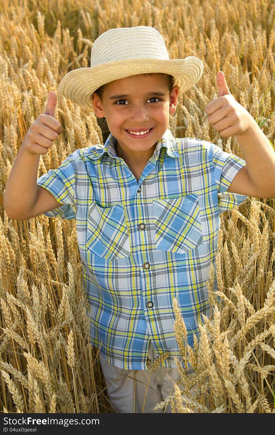 Young smiling healthy boy in fileld of wheat