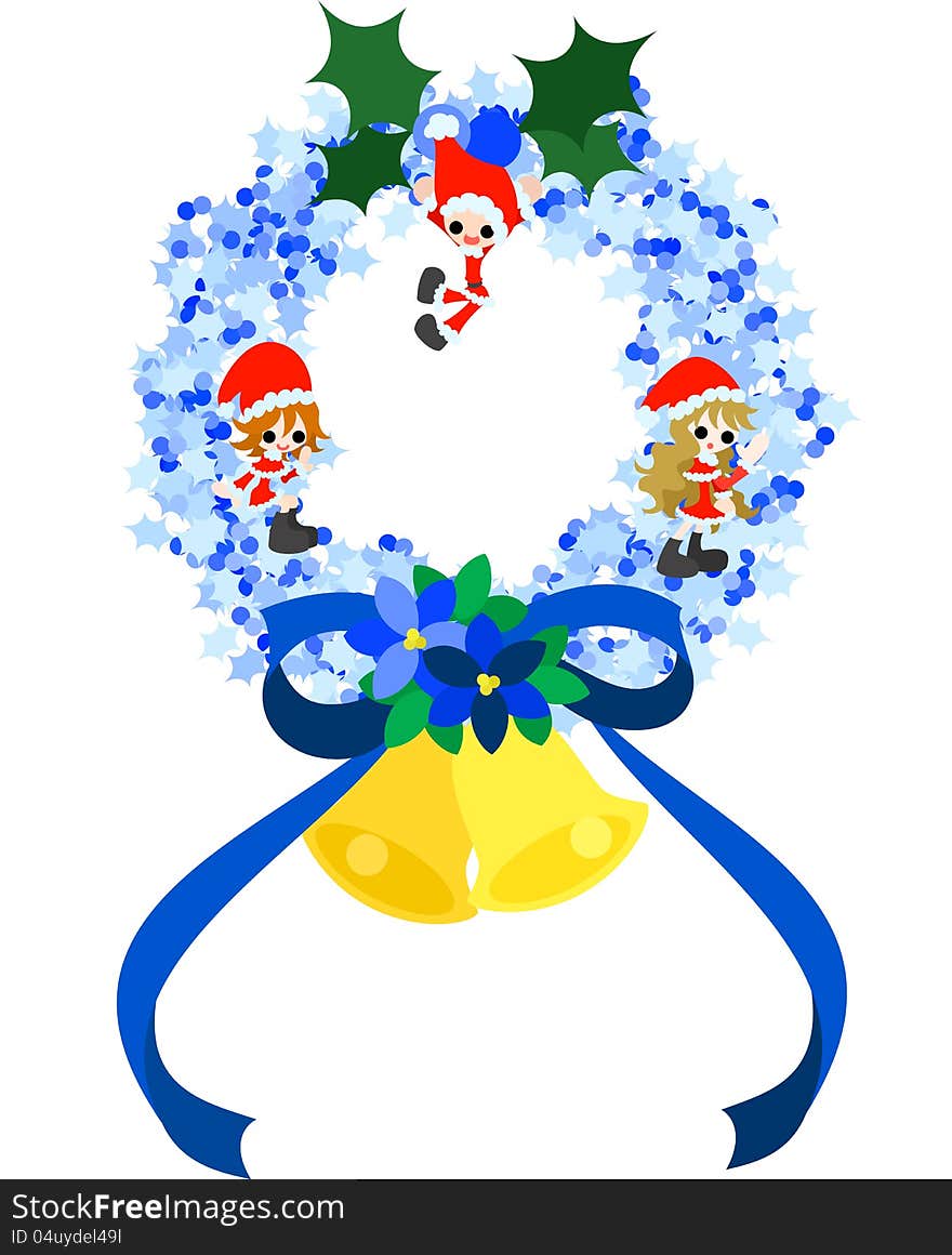 Children disguising as Santa Claus are standing on the blue Christmas wreath. Children disguising as Santa Claus are standing on the blue Christmas wreath.