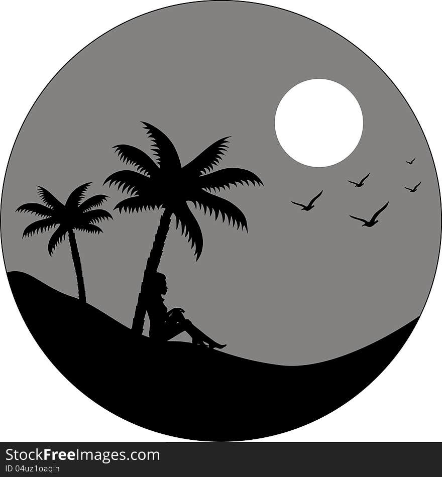 Girl on the beach among the palms. Vector illustration.