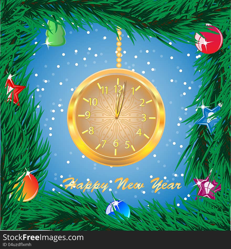 gold clock on a blue background with snowflakes in framing of fir-tree branches. gold clock on a blue background with snowflakes in framing of fir-tree branches