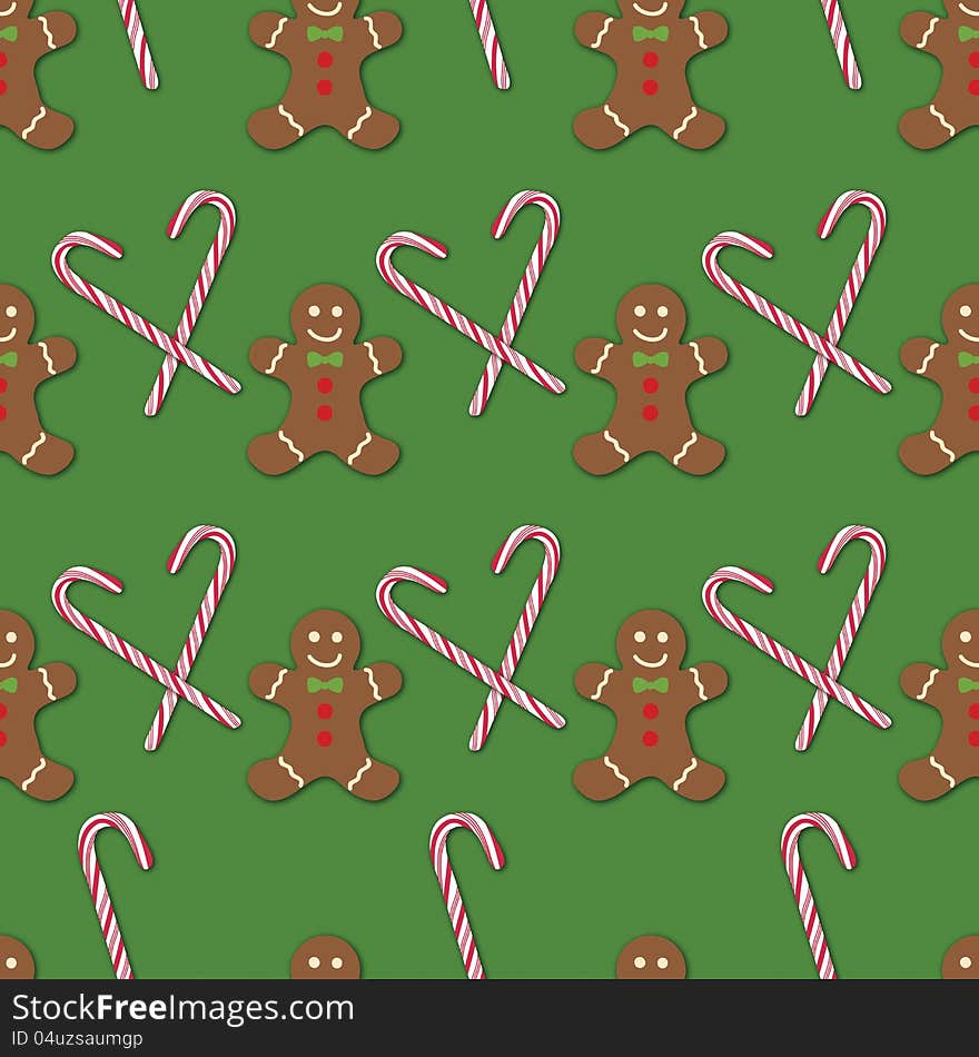 Seamless repeating candy cand and gingerbread pattern. Seamless repeating candy cand and gingerbread pattern