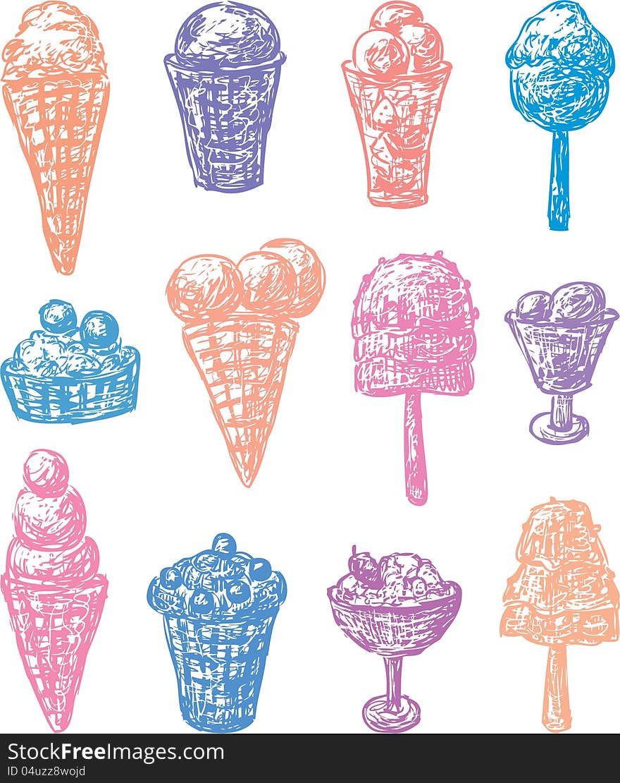 Vector image of a collection of a hand drawn ice cream.