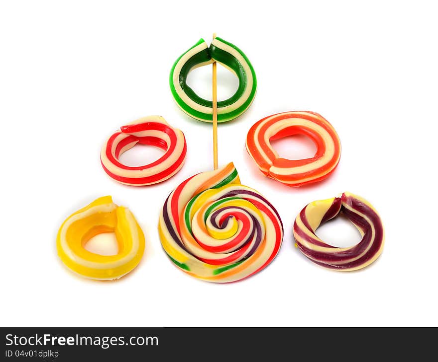 Candy in the form of Olympic rings on a white background. Candy in the form of Olympic rings on a white background