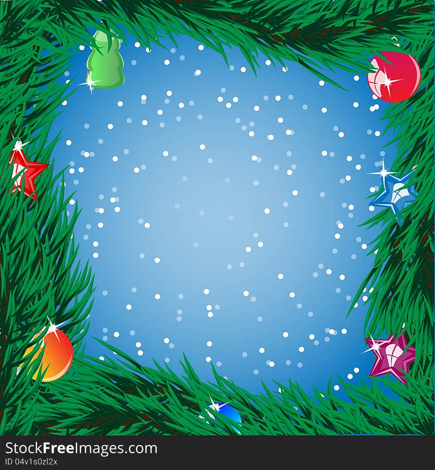 scope from spruce branches is decorated by fir-tree toys on a blue background. scope from spruce branches is decorated by fir-tree toys on a blue background