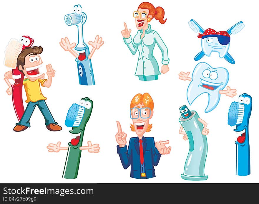 Characters of the dental practice in funny cartoon version. Characters of the dental practice in funny cartoon version