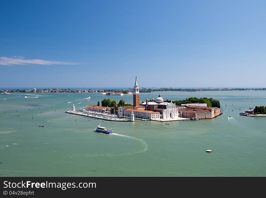 Isola di San Giorgio Maggiore island in Venice, Italy from clock tower