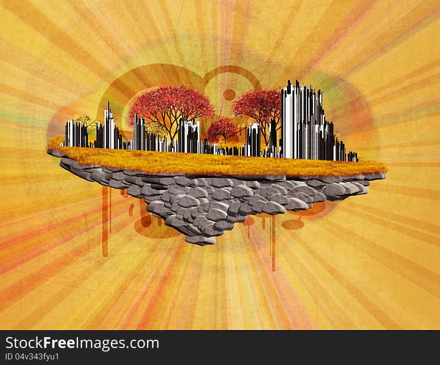 Illustration of abstract floating autumn island on paper background. Illustration of abstract floating autumn island on paper background.