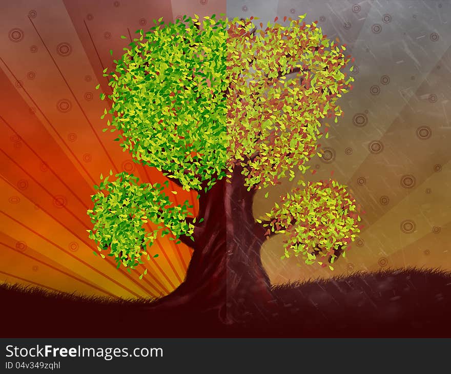 Abstract digital illustration of fantasy tree in autumn and summer season. Abstract digital illustration of fantasy tree in autumn and summer season.