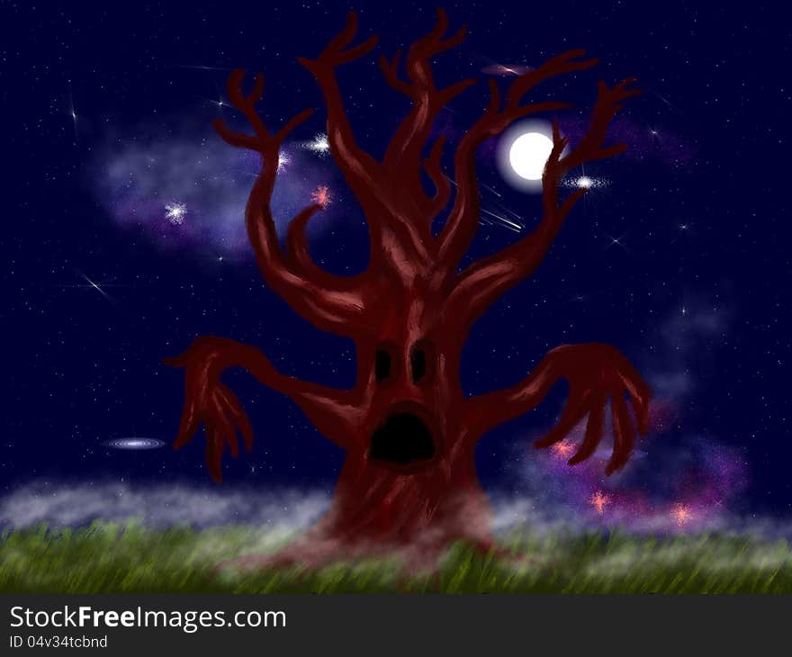 Illustration of creepy leafless tree at night. Halloween background