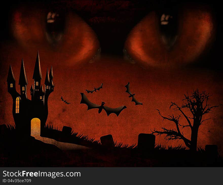 Grunge illustration of halloween castle silhouettes with monster's eyes background. Grunge illustration of halloween castle silhouettes with monster's eyes background.