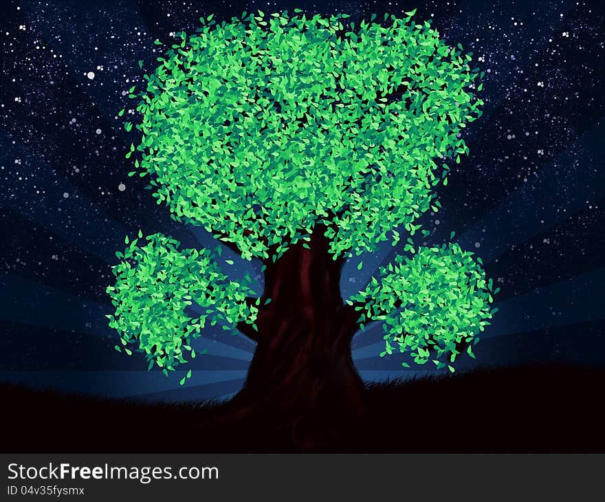 Abstract digital illustration of green fantasy tree at night. Abstract digital illustration of green fantasy tree at night.