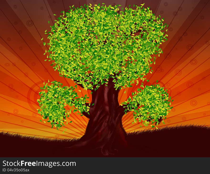 Abstract digital illustration of fantasy tree with leaves of green color. Abstract digital illustration of fantasy tree with leaves of green color.