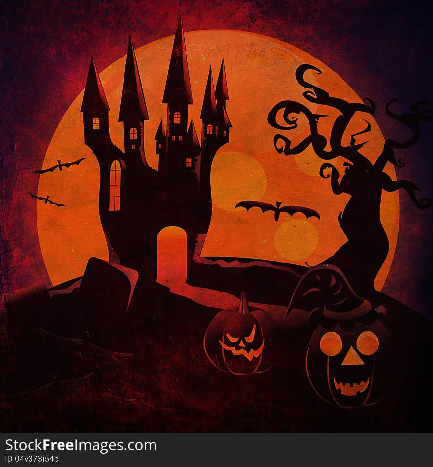 Grunge illustration of halloween castle silhouettes with pumpkins background. Grunge illustration of halloween castle silhouettes with pumpkins background.