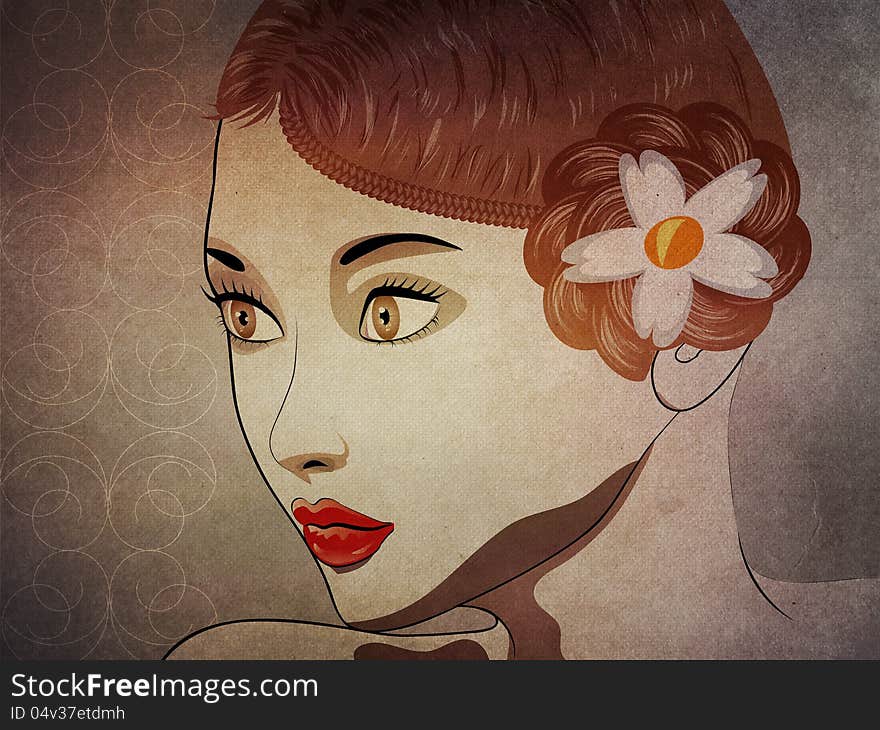 Illustration of beautiful brunette girl with big braided bun. Illustration of beautiful brunette girl with big braided bun.