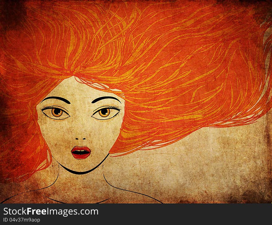 Illustration of girl with red hair on grunge background. Illustration of girl with red hair on grunge background.