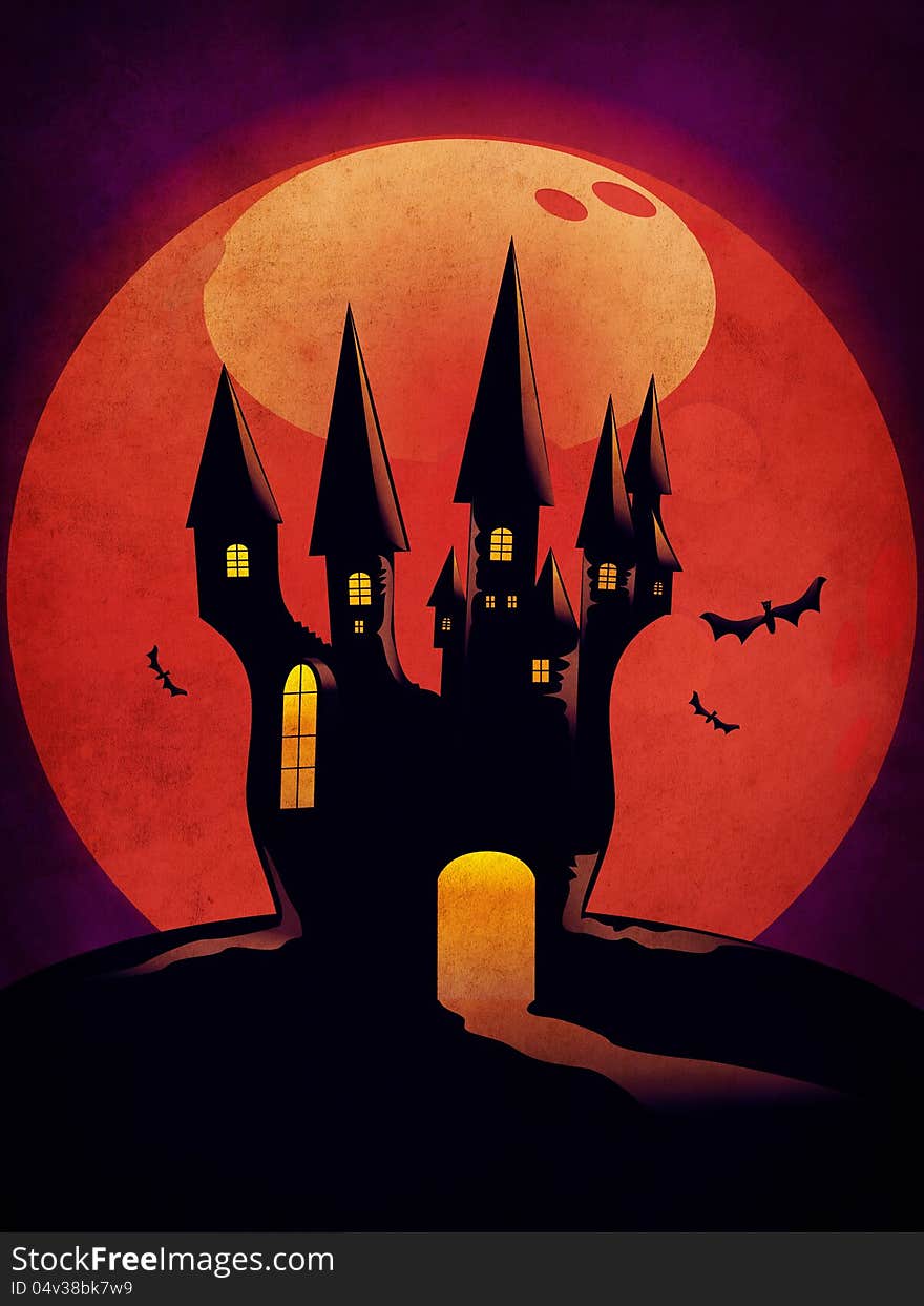 Grunge illustration of halloween castle silhouettes with fullmoon background. Grunge illustration of halloween castle silhouettes with fullmoon background.