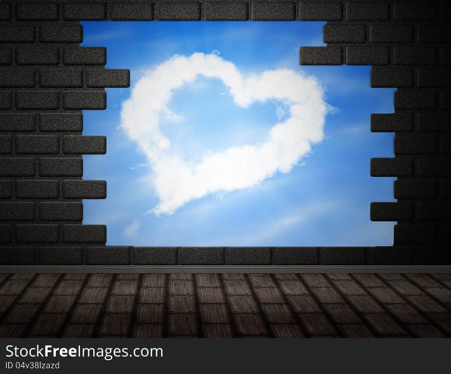 Illustration of cloud heart in hole in brick wall. Illustration of cloud heart in hole in brick wall.