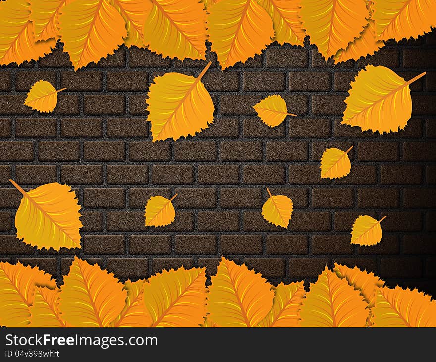 Illustration of colorful leaves against brick wall background. Illustration of colorful leaves against brick wall background.