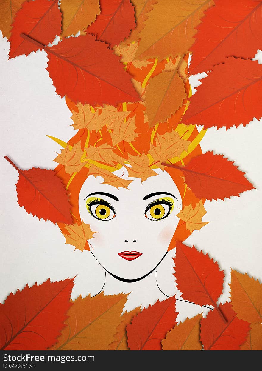 Illustration of girl's portrait and autumn leaves background. Illustration of girl's portrait and autumn leaves background.