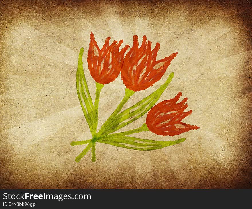 Painted tulips on grunge old paper background. Painted tulips on grunge old paper background.