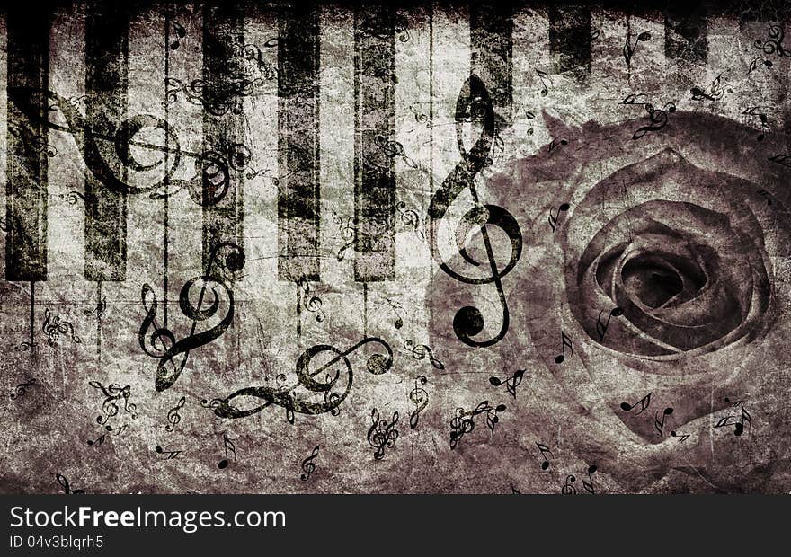 Vintage grunge background with rose and music notes. Vintage grunge background with rose and music notes.