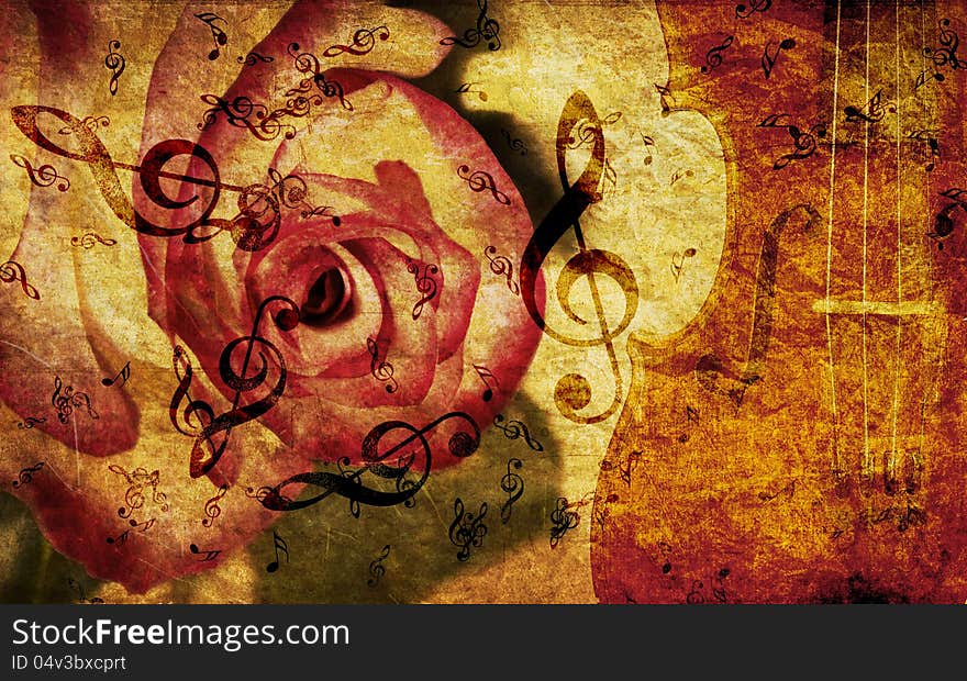 Vintage grunge background with rose and music notes. Vintage grunge background with rose and music notes.