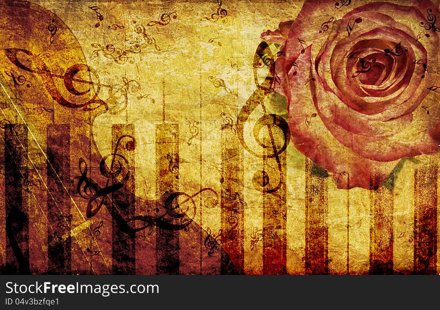 Vintage grunge background with rose and music notes. Vintage grunge background with rose and music notes.