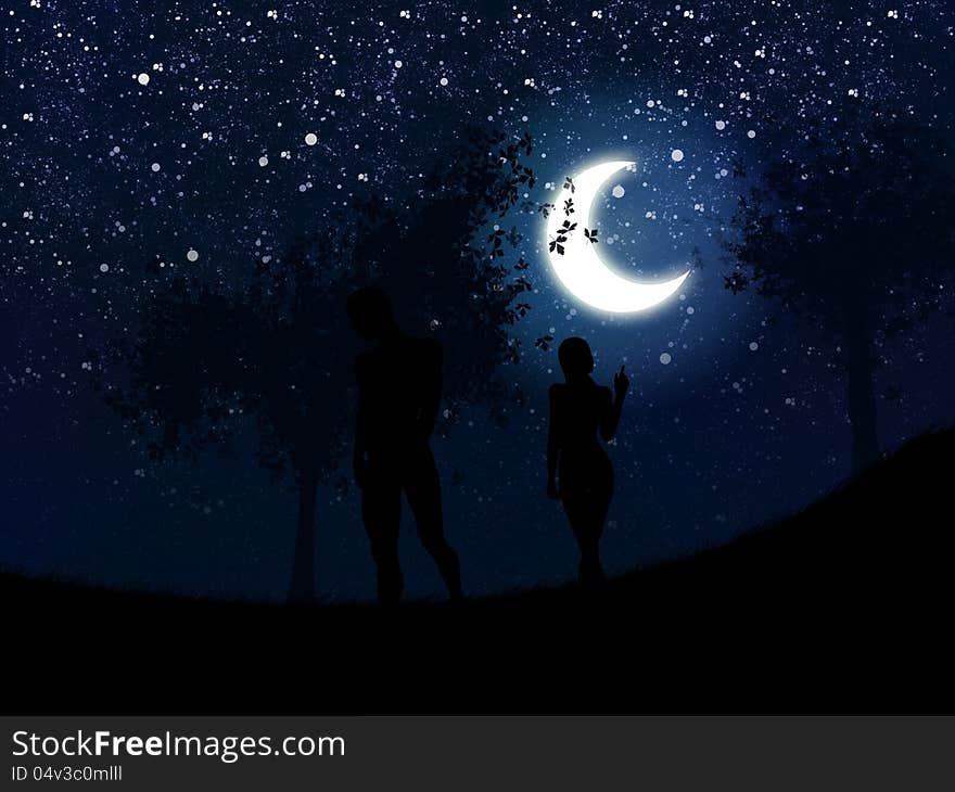 Couple in love walking in a crescent moon night. Couple in love walking in a crescent moon night.