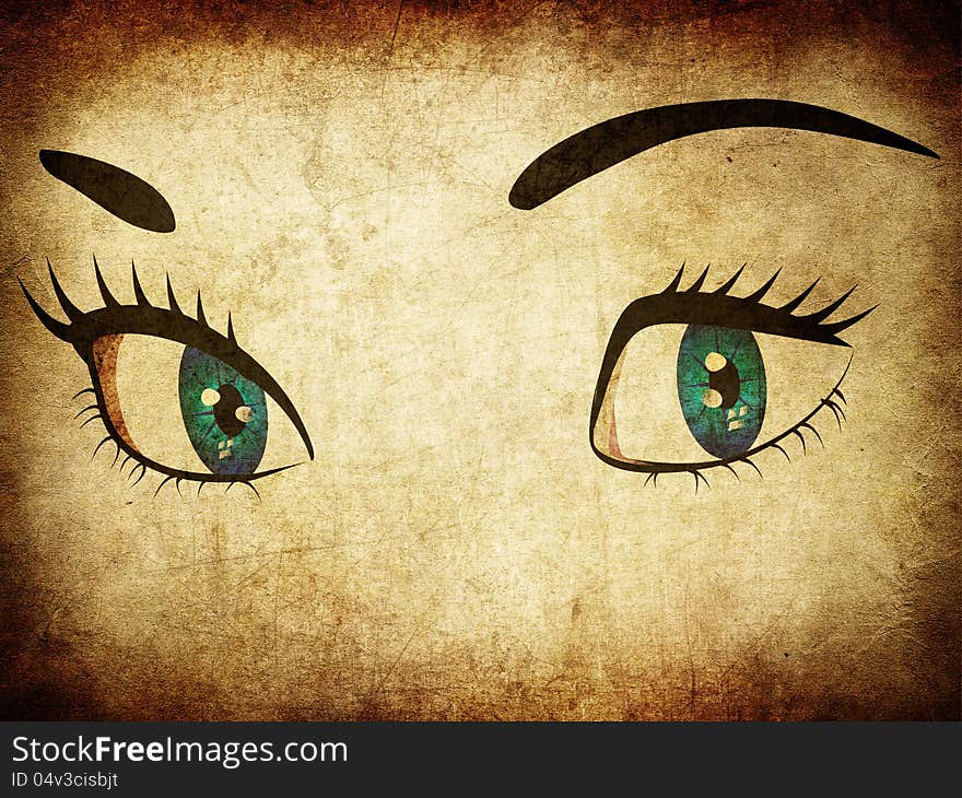 Illustration of woman's eyes on grunge paper background. Illustration of woman's eyes on grunge paper background.