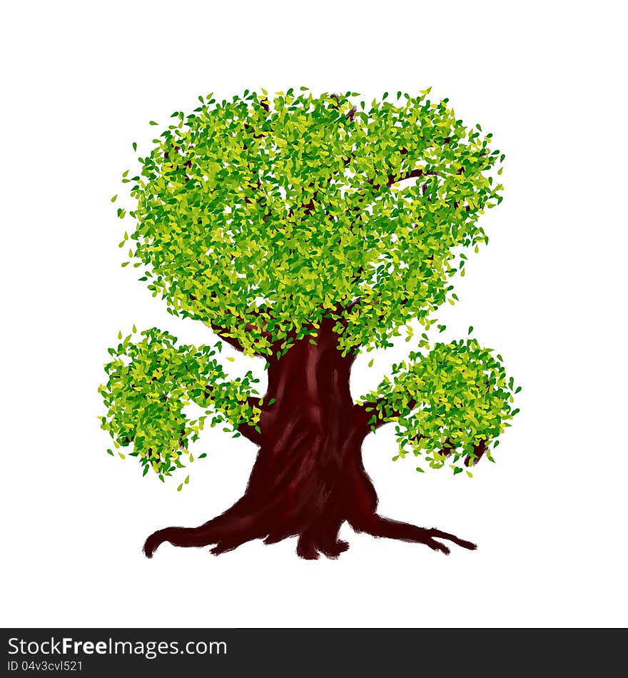 Abstract illustration of cartoon fantasy tree with green leaves. Abstract illustration of cartoon fantasy tree with green leaves.