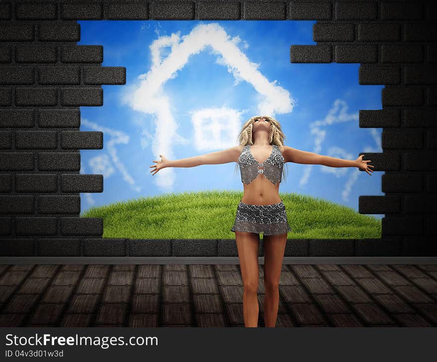 Abstract illustration of broken brick wall interior and girl. Abstract illustration of broken brick wall interior and girl.