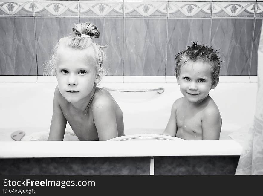 Young children sister and brother in bathroom. Young children sister and brother in bathroom