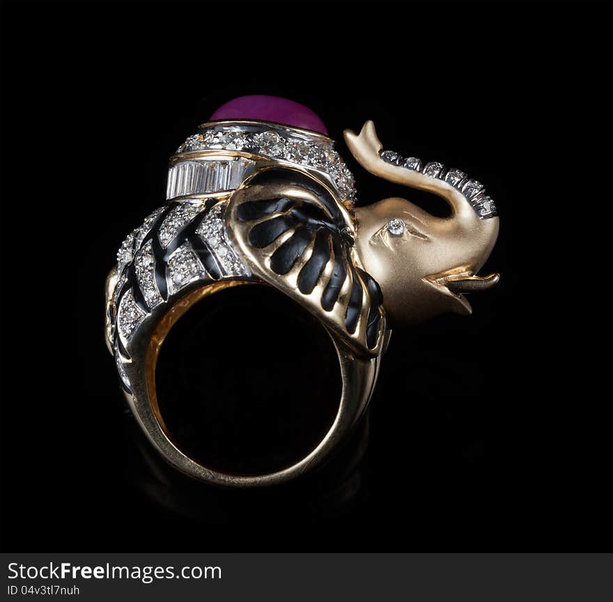 Elephant in Diamond ring in a row on black background