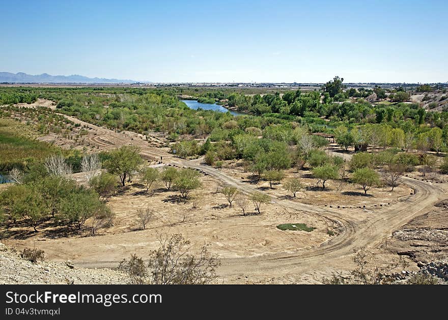 Colorado River wetlands area east of the Ocean to Ocean Bridge in Yuma, Arizona. Colorado River wetlands area east of the Ocean to Ocean Bridge in Yuma, Arizona