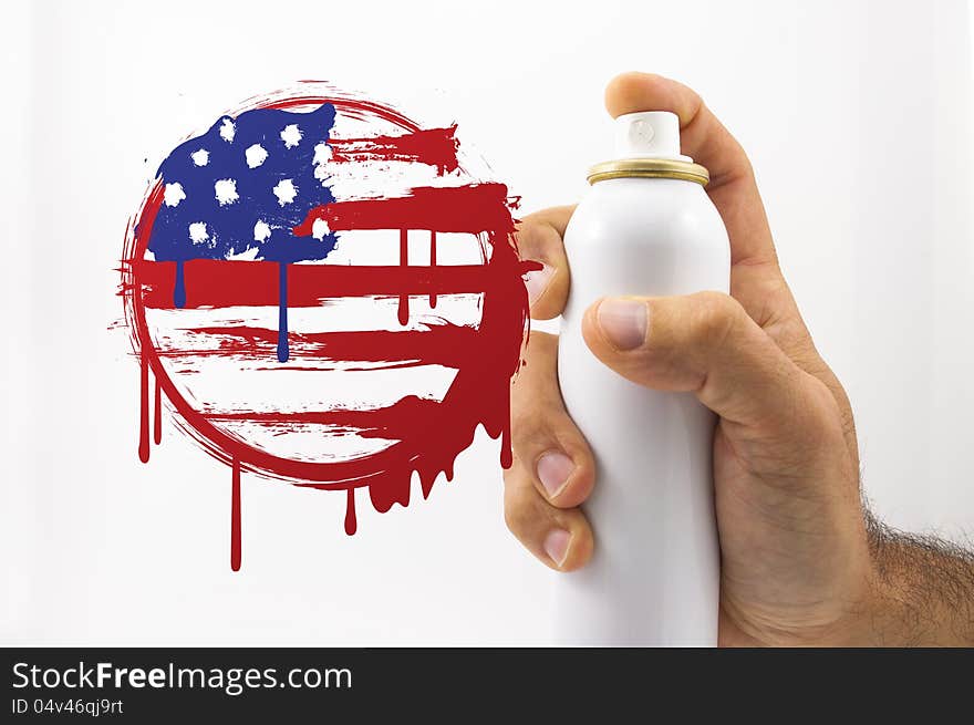 Spraying with paint and USA grunge flag in white background
