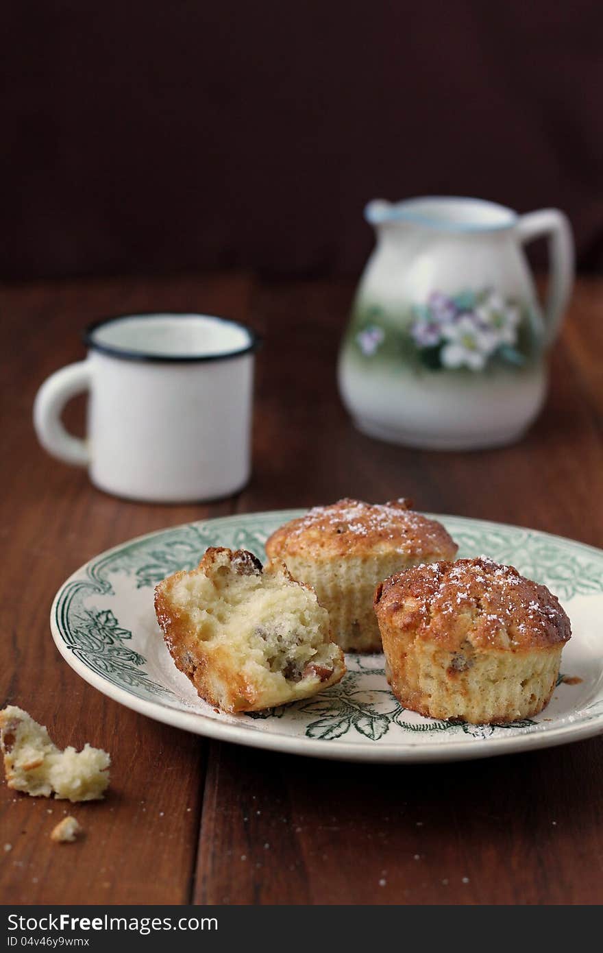 Homemade apple muffins and vintage rustic mug of milk. Homemade apple muffins and vintage rustic mug of milk